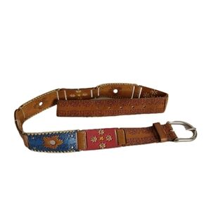 Fossil Patchwork Leather Belt Womens Sz M Boho Multicolor Floral Indian Design